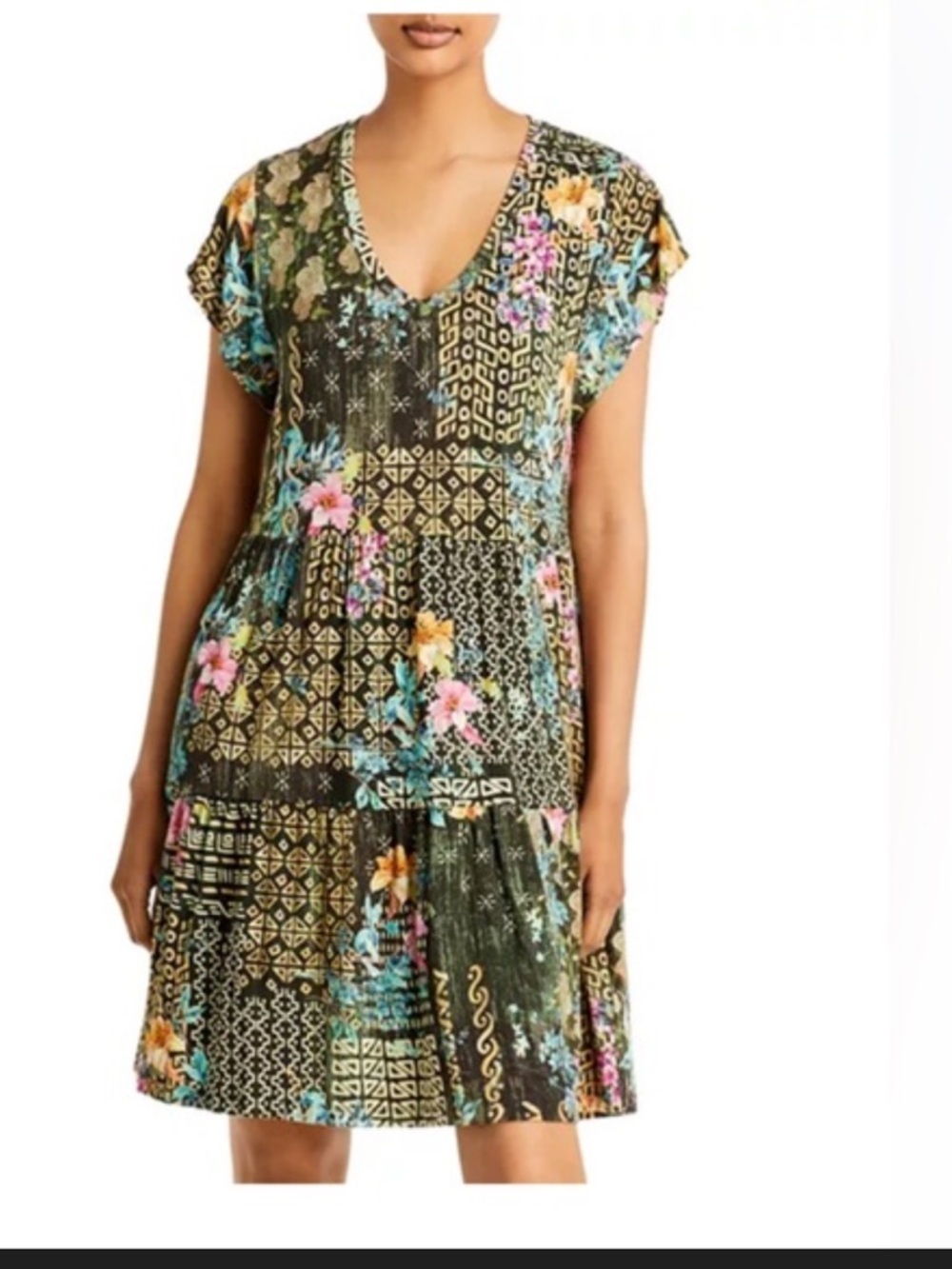 Johnny Was Black Floral Patchwork V-Neck Midi Dress